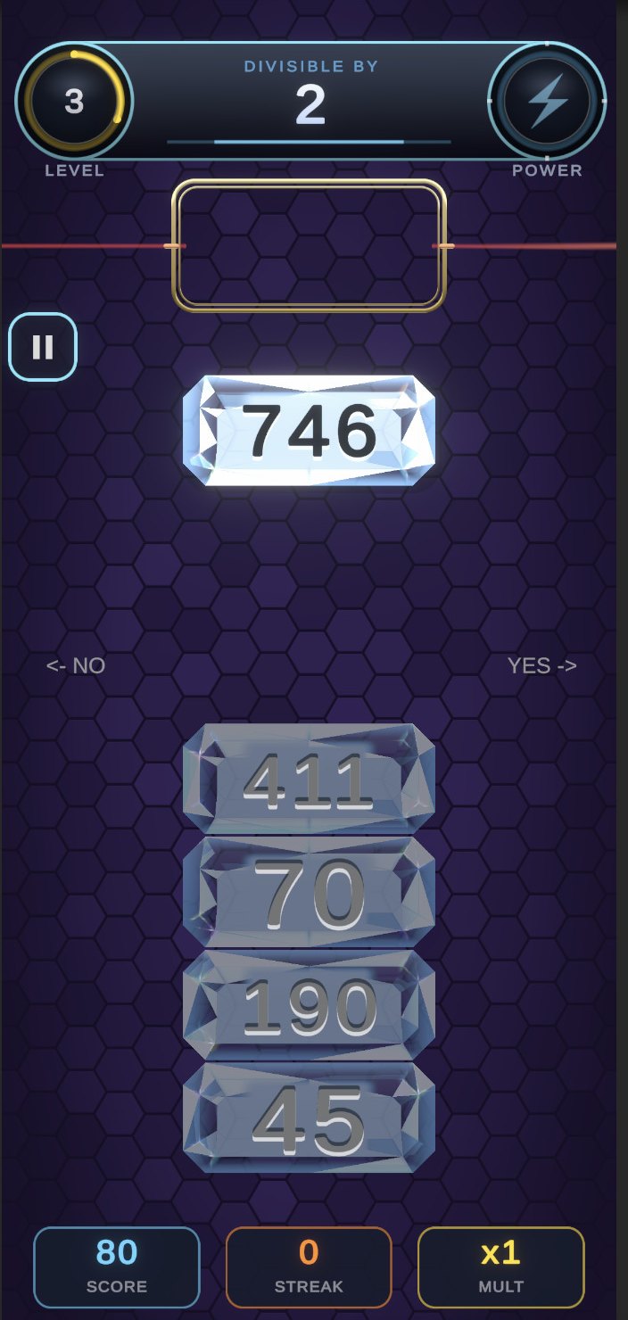 Divisible Dash mid-run on the current build: the pill asks divisible by 2, a 746 tile is falling towards the gold frame, four wrong answers sit on the stack