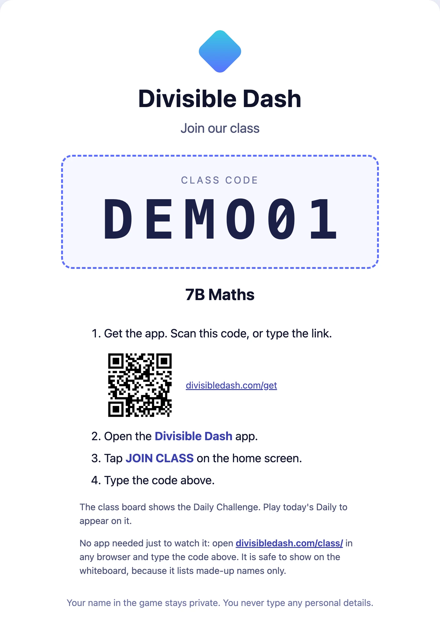 The printed code sheet: the class code in large letters, a QR code for the app, and four steps to join.