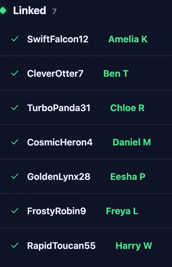 The teacher's Members list: each picked name, and beside it the real name from the teacher's own roster.